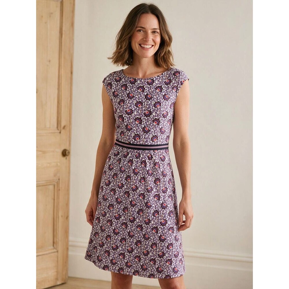 Boden Purple Floral Cap Sleeve A Line Jersey Dress 4P US 4 Petite Preppy Mod